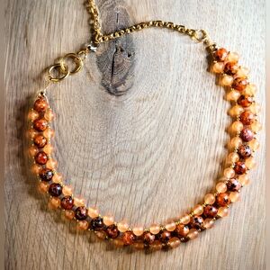 Earthly Elegance Natural Orange Jade In Handwoven Necklace In Gold Plated